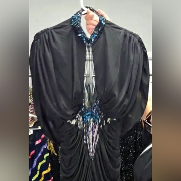 Vintage 1982 Casadei Black Beaded Dress Draped Ruched Beaded Evening Dynasty 12 - Picture 4 of 7